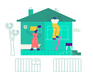 Illustration of a green house with two people doing maintenance work on it, one is up a ladder looking at the roof and one is looking at a heater in the bathroom.